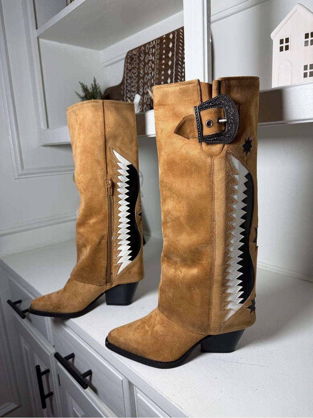 Zodiac Tan Suede Western Heeled Boots with Black and White Inset